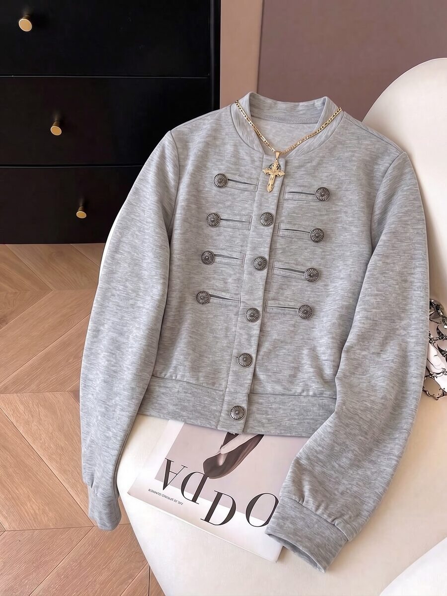 INAWLY Women's Solid Color Button Front Casual Henley Collar Short Sweatshirt Jacket - Light Grey - View 1