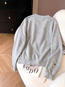 INAWLY Women's Solid Color Button Front Casual Henley Collar Short Sweatshirt Jacket - Light Grey - View 2