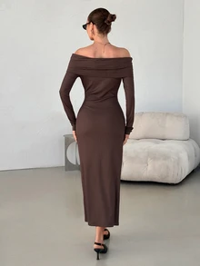 Lavishia Women's Brown Off-Shoulder Blended Knit Dress, Long Sleeve, Autumn - Coffee Brown - View 8