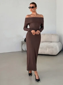 Lavishia Women's Brown Off-Shoulder Blended Knit Dress, Long Sleeve, Autumn - Coffee Brown - View 5