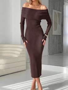 Lavishia Women's Brown Off-Shoulder Blended Knit Dress, Long Sleeve, Autumn - Coffee Brown - View 2