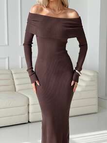 Lavishia Women's Brown Off-Shoulder Blended Knit Dress, Long Sleeve, Autumn - Coffee Brown - View 1
