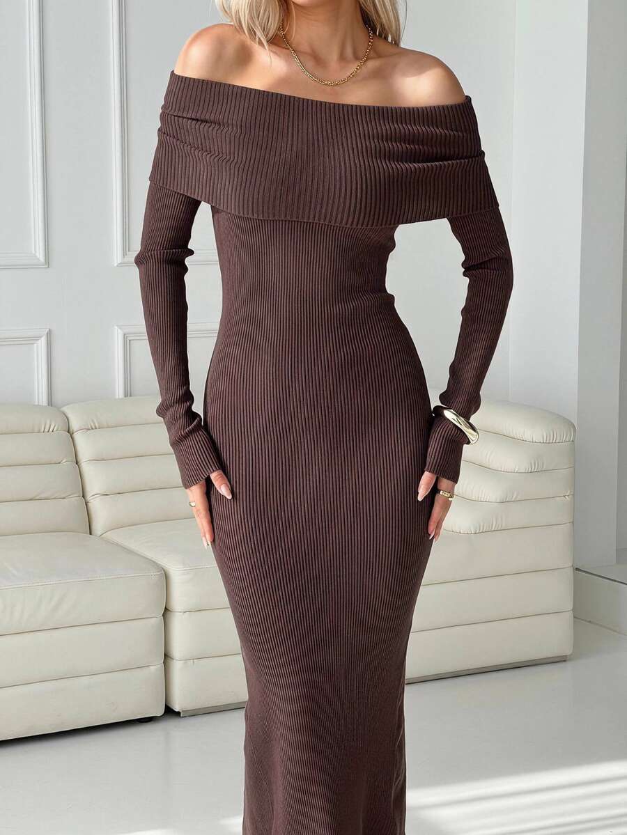 Lavishia Women's Brown Off-Shoulder Blended Knit Dress, Long Sleeve, Autumn - Coffee Brown - View 1