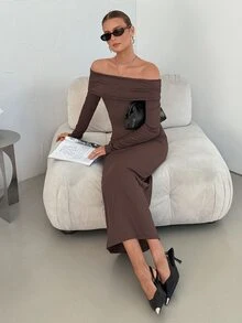 Lavishia Women's Brown Off-Shoulder Blended Knit Dress, Long Sleeve, Autumn - Coffee Brown - View 7