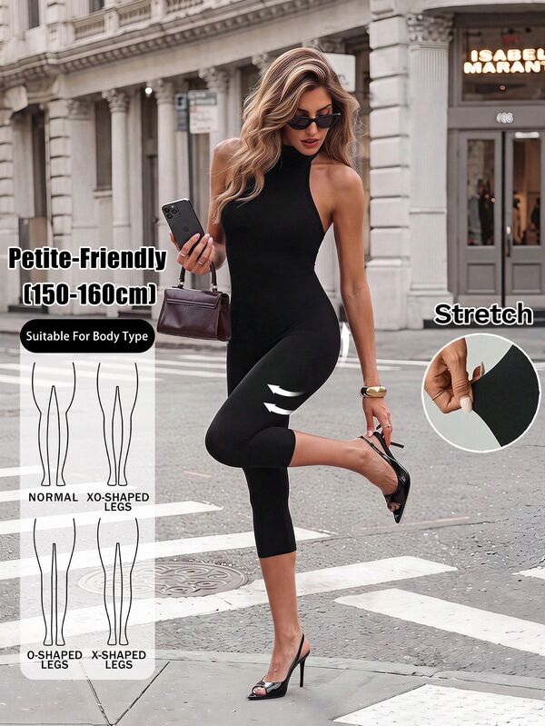 SHEIN PETITE Elegant And Stylish Fitted, Bodycon, High-Neck Cropped Jumpsuit-Perfect For Petite Figures.
