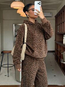 SHEIN 女童豹紋連帽衛衣休閒長袖套頭上衣，適合前青春期與青少年，秋季穿著 - 彩色 - 查看 3
