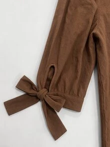 Linhara CURVE Kemeja Wanita Ukuran Besar Warna Polos Katun Leher V Kancing Dekorasi Lengan Ikat Kasual Liburan Musim Semi Musim Gugur - Coklat - View 7