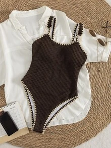 Costavie Swim Lushoire 新款女款波希米亞佩斯利印花掛脖比基尼套裝，2件式彩色曼陀羅泳衣，鮮豔孔雀羽毛印花比基尼套裝，粉色、藍色、白色與綠色調彩色設計比基尼，側綁式性感三角褲，掛脖自綁式比基尼上衣，鮮豔多色沙灘裝，聚攏加厚胸墊，夏季度假度假村泳池派對泳裝，適用音樂節、熱帶海島度假與時尚氛圍 - 棕色 - 查看 4