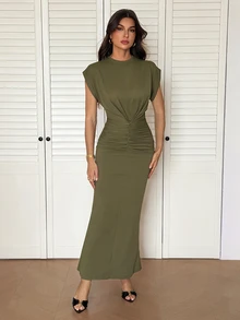 SHEIN Tall Tall Spring/Summer Olive Green Front And Middle Pleated Fashionable Charm Ultra Long Dress Dinner Everyday Casual Elegant - Army Green - View 9