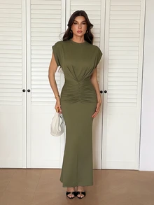 SHEIN Tall Tall Spring/Summer Olive Green Front And Middle Pleated Fashionable Charm Ultra Long Dress Dinner Everyday Casual Elegant - Army Green - View 10