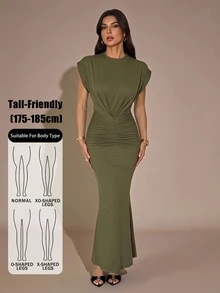 SHEIN Tall Tall Spring/Summer Olive Green Front And Middle Pleated Fashionable Charm Ultra Long Dress Dinner Everyday Casual Elegant - Army Green - View 11