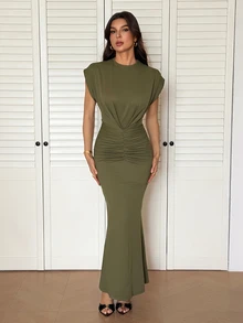 SHEIN Tall Tall Spring/Summer Olive Green Front And Middle Pleated Fashionable Charm Ultra Long Dress Dinner Everyday Casual Elegant - Army Green - View 6