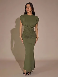 SHEIN Tall Tall Spring/Summer Olive Green Front And Middle Pleated Fashionable Charm Ultra Long Dress Dinner Everyday Casual Elegant - Army Green - View 8