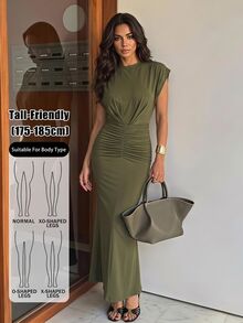SHEIN Tall Tall Spring/Summer Olive Green Front And Middle Pleated Fashionable Charm Ultra Long Dress Dinner Everyday Casual Elegant - Army Green - View 4