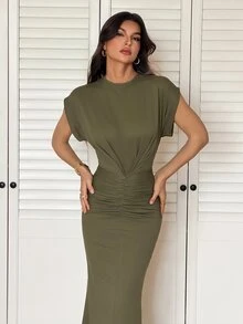 SHEIN Tall Tall Spring/Summer Olive Green Front And Middle Pleated Fashionable Charm Ultra Long Dress Dinner Everyday Casual Elegant - Army Green - View 5