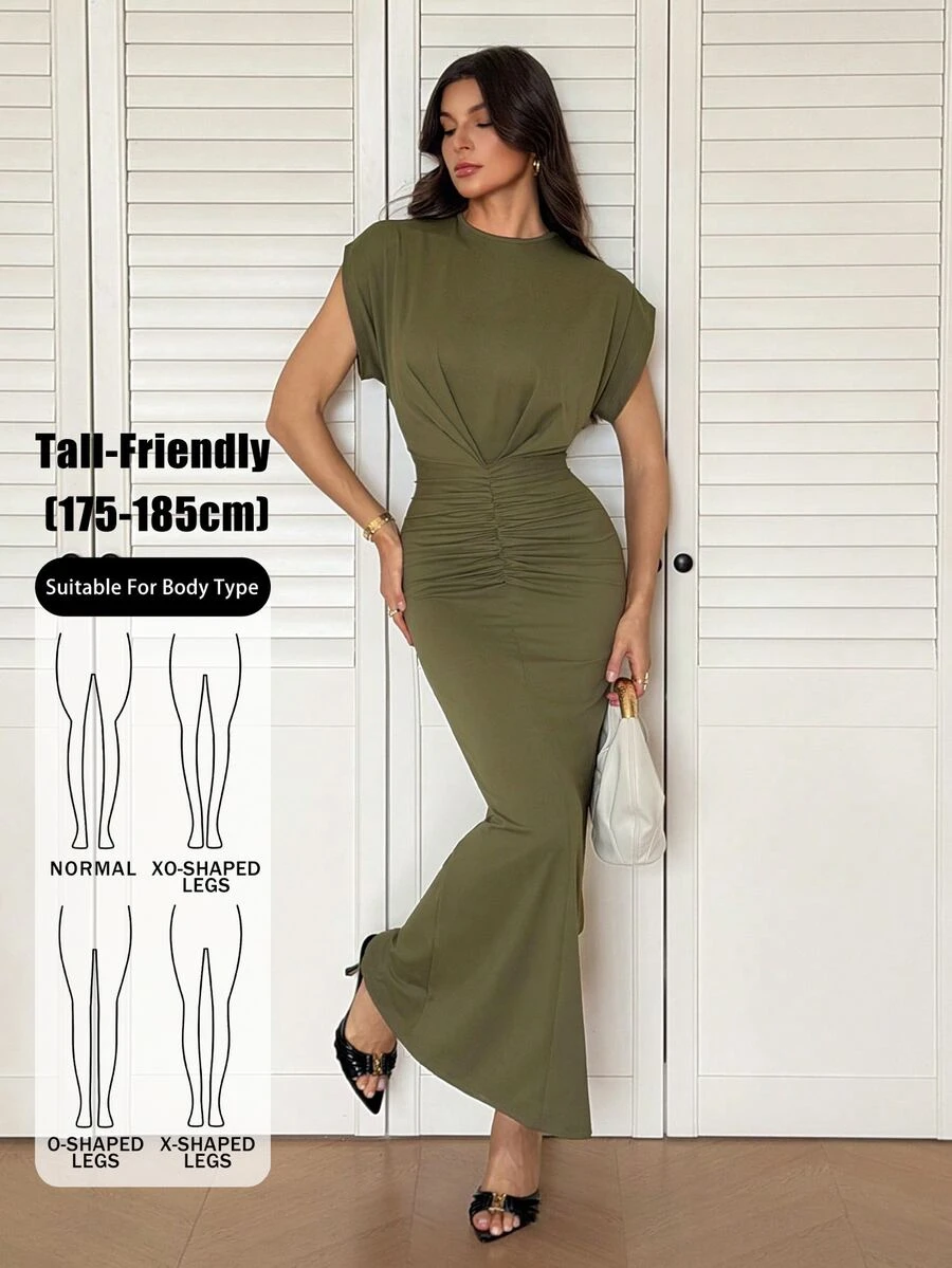 SHEIN Tall Tall Spring/Summer Olive Green Front And Middle Pleated Fashionable Charm Ultra Long Dress Dinner Everyday Casual Elegant - Army Green - View 1