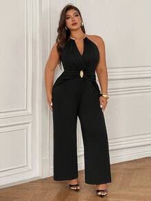 SHEIN CURVE+ 大尺碼女款無袖V領性感修身長版連身褲 - 黑色 - 查看 8