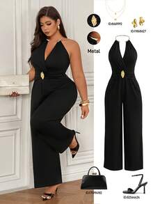 SHEIN CURVE+ 大尺碼女款無袖V領性感修身長版連身褲 - 黑色 - 查看 5