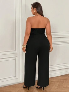 SHEIN CURVE+ 大尺碼女款無袖V領性感修身長版連身褲 - 黑色 - 查看 3