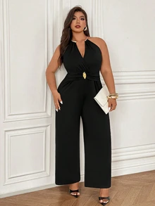 SHEIN CURVE+ 大尺碼女款無袖V領性感修身長版連身褲 - 黑色 - 查看 4