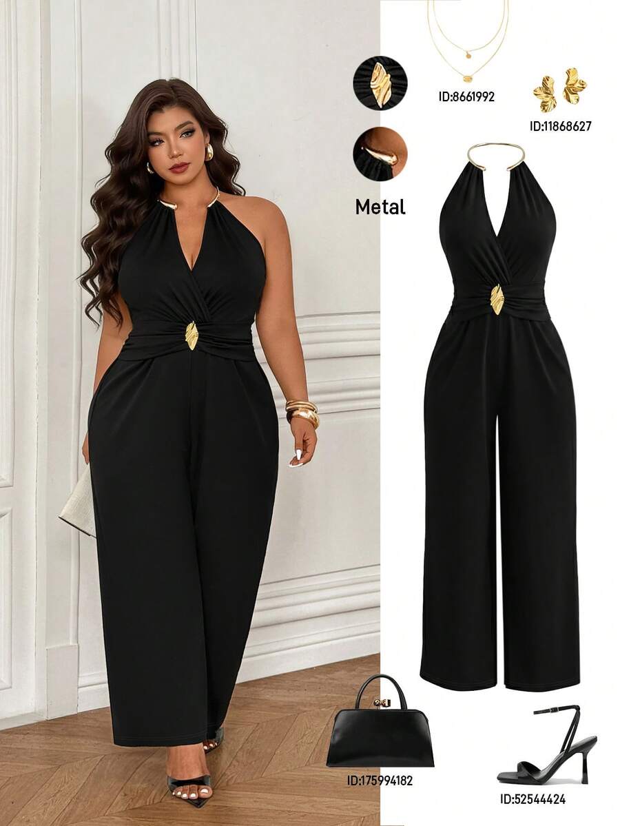SHEIN CURVE+ 大尺碼女款無袖V領性感修身長版連身褲 - 黑色 - 查看 1