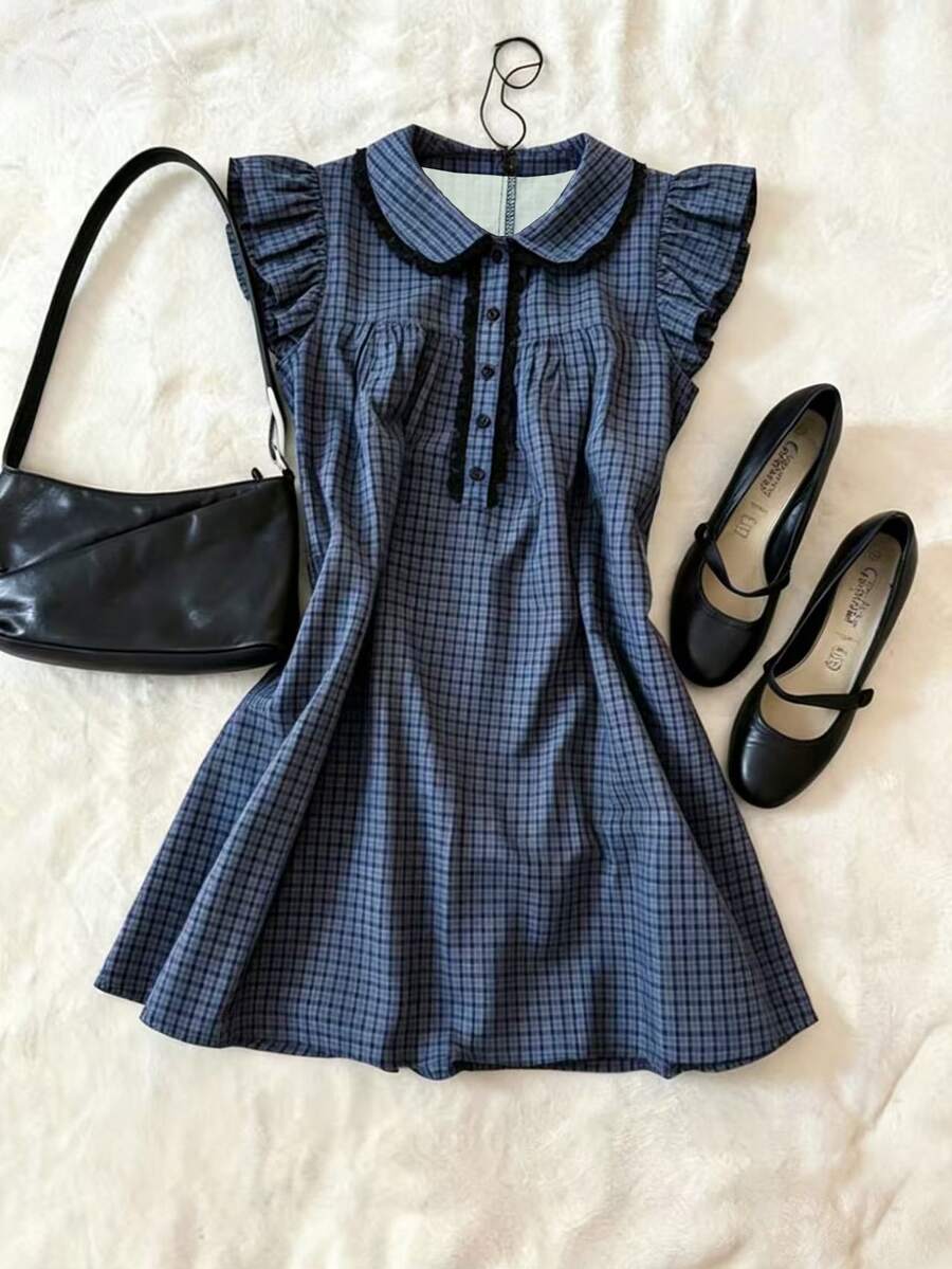 valorelle valorelle Gaun Mini Lengan Bergelombang Kasual Musim Panas dengan Kerah Berenda Kontras dan Motif Kotak-kotak - Navy Blue - View 1