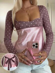 CovetEZ Contrast Polka Dot Print Square Neck Top - Baby Pink - View 1