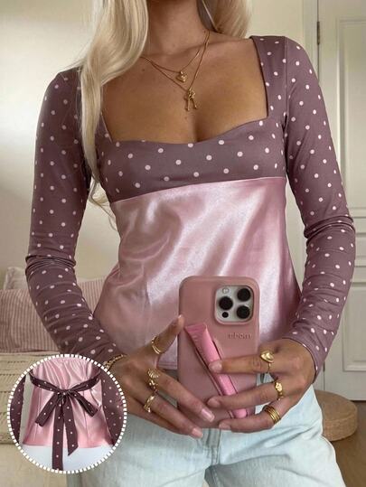 CovetEZ Contrast Polka Dot Print Square Neck Top