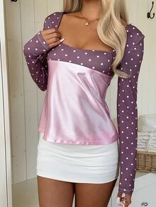 CovetEZ Contrast Polka Dot Print Square Neck Top - Baby Pink - View 8