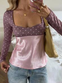CovetEZ Contrast Polka Dot Print Square Neck Top - Baby Pink - View 2