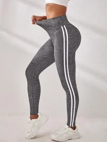 SHEIN Sports 侧条纹运动紧身裤 高弹力收腹运动紧身裤 女款瑜伽裤 - 灰色 - 查看 5