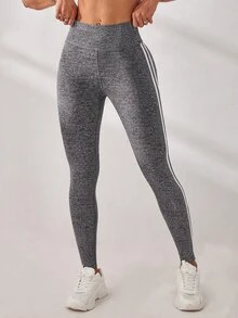 SHEIN Sports 侧条纹运动紧身裤 高弹力收腹运动紧身裤 女款瑜伽裤 - 灰色 - 查看 4