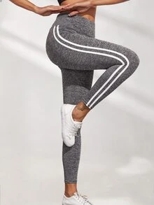 SHEIN Sports 侧条纹运动紧身裤 高弹力收腹运动紧身裤 女款瑜伽裤 - 灰色 - 查看 7