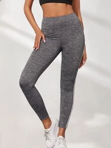 SHEIN Sports 侧条纹运动紧身裤 高弹力收腹运动紧身裤 女款瑜伽裤 - 灰色 - 查看 3