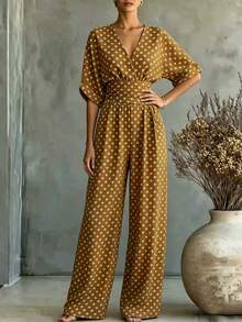 SHEIN New Spring/Summer Brown One-Piece Jumpsuit With White Polka Dot Short Sleeves For Women - Yellow - View 5