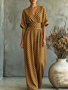 SHEIN New Spring/Summer Brown One-Piece Jumpsuit With White Polka Dot Short Sleeves For Women - Yellow - View 4