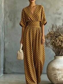 SHEIN New Spring/Summer Brown One-Piece Jumpsuit With White Polka Dot Short Sleeves For Women - Yellow - View 3