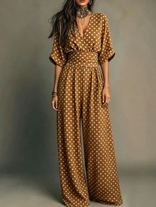 SHEIN New Spring/Summer Brown One-Piece Jumpsuit With White Polka Dot Short Sleeves For Women - Yellow - View 1