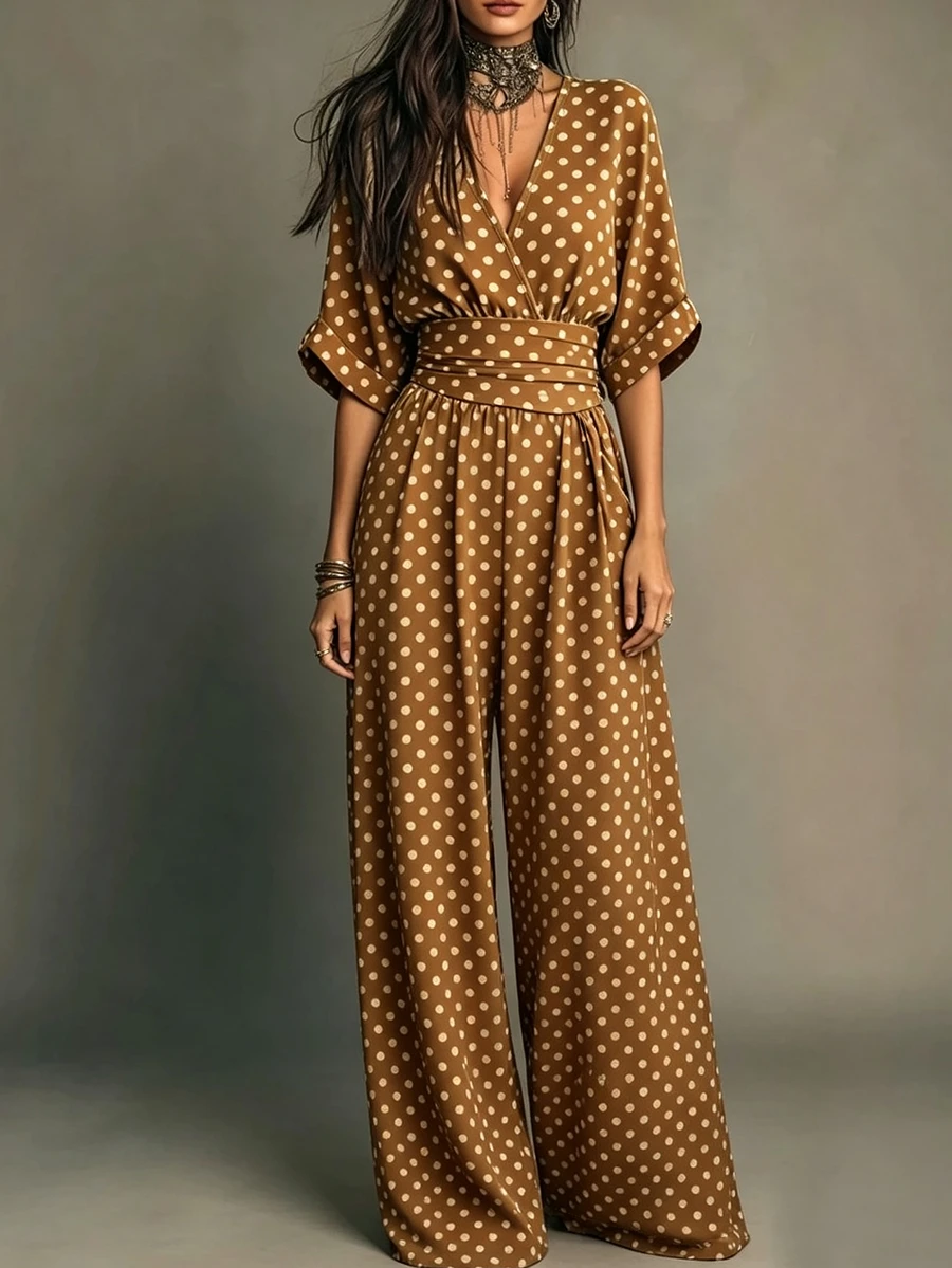 SHEIN New Spring/Summer Brown One-Piece Jumpsuit With White Polka Dot Short Sleeves For Women - Yellow - View 1