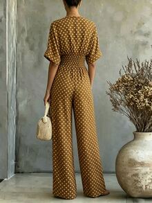 SHEIN New Spring/Summer Brown One-Piece Jumpsuit With White Polka Dot Short Sleeves For Women - Yellow - View 2