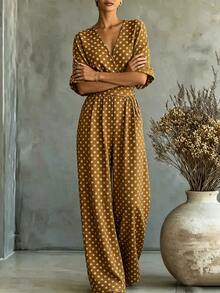 SHEIN New Spring/Summer Brown One-Piece Jumpsuit With White Polka Dot Short Sleeves For Women - Yellow - View 6
