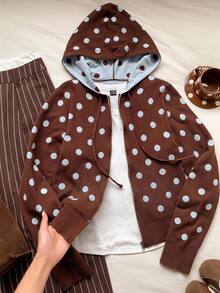 Comfortcana Women's Polka Dot Pattern Zipper Front Hooded Knit Cardigan - Brown - View 3