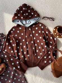 Comfortcana Women's Polka Dot Pattern Zipper Front Hooded Knit Cardigan - Brown - View 7