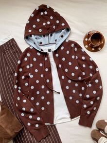 Comfortcana Women's Polka Dot Pattern Zipper Front Hooded Knit Cardigan - Brown - View 6