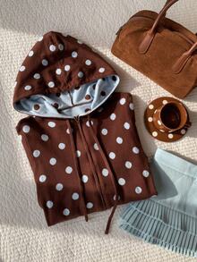Comfortcana Women's Polka Dot Pattern Zipper Front Hooded Knit Cardigan - Brown - View 1