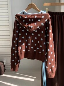 Comfortcana Women's Polka Dot Pattern Zipper Front Hooded Knit Cardigan - Brown - View 2