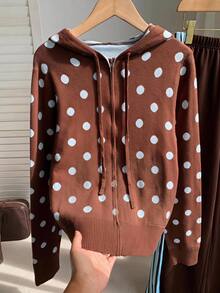 Comfortcana Women's Polka Dot Pattern Zipper Front Hooded Knit Cardigan - Brown - View 4