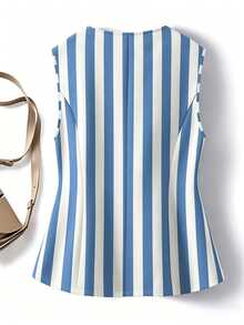 GlowEve CURVE Plus Size Women Elegant Refined Versatile Blue And White Striped Sleeveless Tank Top - Blue - View 2