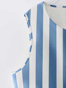 GlowEve CURVE Plus Size Women Elegant Refined Versatile Blue And White Striped Sleeveless Tank Top - Blue - View 3