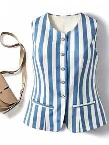 GlowEve CURVE Plus Size Women Elegant Refined Versatile Blue And White Striped Sleeveless Tank Top - Blue - View 1